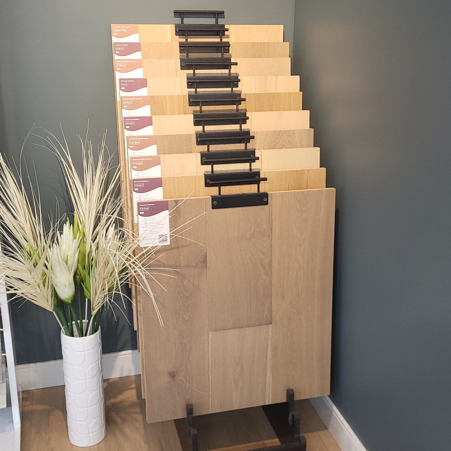 Warwick Interiors showroom display of engineered hardwood flooring samples.